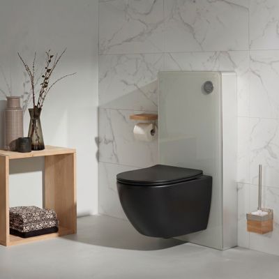 Pack WC suspendu gain de place bâti mural verre blanc + cuvette sans ...