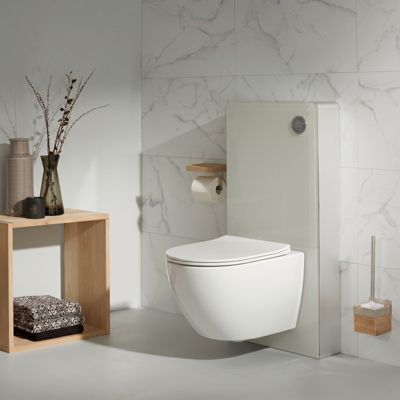Pack WC suspendu gain de place bâti mural verre blanc + cuvette sans bride vortex Turbi