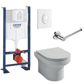 Pack WC suspendu JACOB DELAFON Elite + Bâti support GROHE Rapid SL Project 1.13 M + plaque blanche Quickfix + porte-rouleau chromé