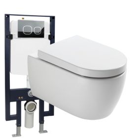 Pack WC suspendu NT2039 blanc brillant, abattant Soft-Close + bâti-support G3008 et plaque de déclenchement satin Modèle 4111