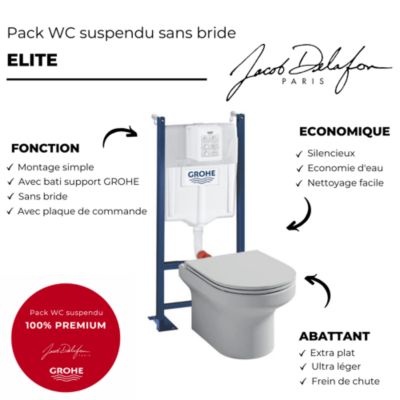 Pack WC suspendu sans bride + abattant + Bâti support + Even Plaque de commande WC carré blanc