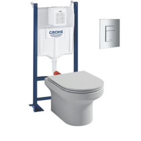 Pack WC suspendu sans bride + abattant + Bâti support + Even Plaque de commande WC carré chromé