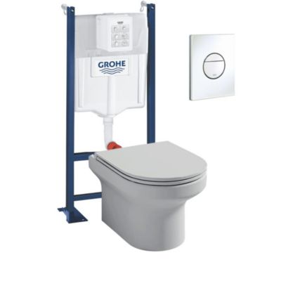 Pack WC suspendu sans bride + abattant + Bâti support + Sail Plaque de commande WC rond blanc