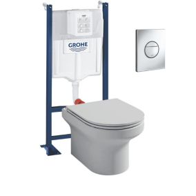 Pack WC suspendu sans bride + abattant + Bâti support + Sail Plaque de commande WC rond chromé