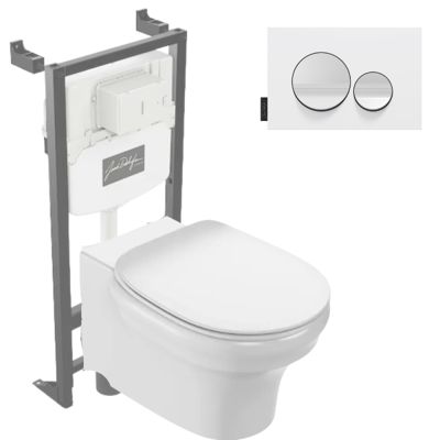 Pack WC suspendu sans bride à économie d'eau JACOB DELAFON Cléo 1889 +  abattant + bâti-support + plaque ronde blanche