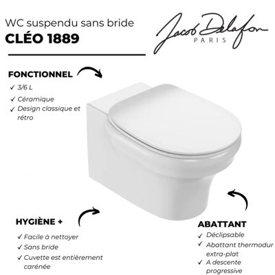 Pack WC suspendu sans bride à économie d'eau JACOB DELAFON Cléo 1889 +  abattant + bâti-support + plaque ronde blanche