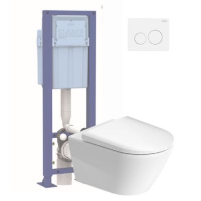 Pack WC suspendu sans bride DURAVIT D-Neo avec abattant frein de chute + bati support SIAMP + Plaque de commande blanche