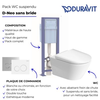 Pack WC suspendu sans bride DURAVIT D-Neo avec abattant frein de chute + bati support SIAMP + Plaque de commande blanche