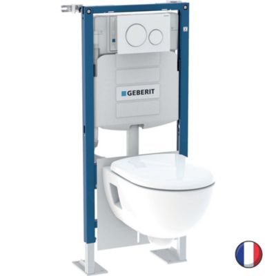 Pack WC suspendu sans bride GEBERIT Duofix + Bati support + plaque blanche, chromé brillant