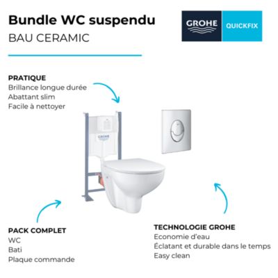 Pack WC suspendu sans bride GROHE Bau Cerami avec bâti support Rapid SL Project et plaque de commande Start chromé