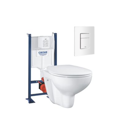 Pack WC suspendu sans bride GROHE Bau ceramic + Bâti support + abattant + plaque carré blanc alpin