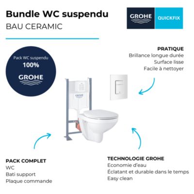 Pack WC suspendu sans bride GROHE Bau ceramic + Bâti support + abattant + plaque carré blanc alpin