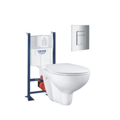 Pack WC suspendu sans bride GROHE Bau ceramic + Bâti support + abattant + plaque carré chromé