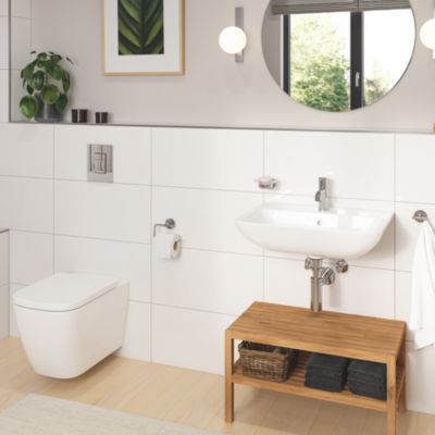 Pack WC suspendu sans bride GROHE Bau ceramic + Bâti support + abattant + plaque carré chromé