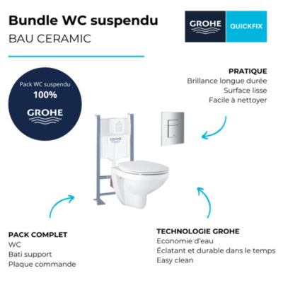 Pack WC suspendu sans bride GROHE Bau ceramic + Bâti support + abattant + plaque carré chromé