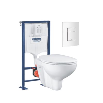 Pack WC suspendu sans bride GROHE Bau ceramic + Bâti support Solido + abattant + plaque carré blanc alpin