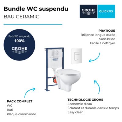 Pack WC suspendu sans bride GROHE Bau ceramic + Bâti support Solido + abattant + plaque carré blanc alpin