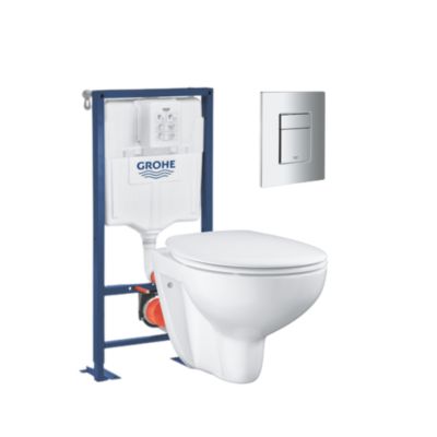 Pack WC suspendu sans bride GROHE Bau ceramic + Bâti support Solido + abattant + plaque carré chromé