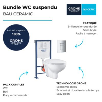 Pack WC suspendu sans bride GROHE Bau ceramic + Bâti support Solido + abattant + plaque carré chromé