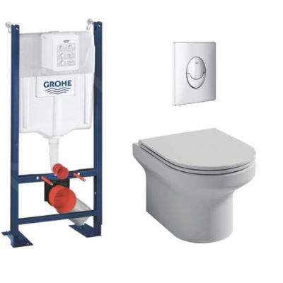 Pack WC suspendu sans bride  JACOB DELAFON + Bâti support wc Grohe + plaque commande chromé rond Quickfix