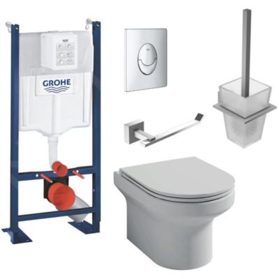 Pack WC suspendu sans bride Jacob Delafon  Elite abattant + Bâti support Grohe RapidSL + plaque chromé + accessoires carrés