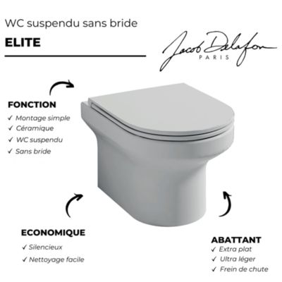 Pack WC suspendu sans bride Jacob Delafon  Elite abattant + Bâti support Grohe RapidSL + plaque chromé + accessoires carrés