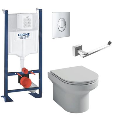 Pack WC suspendu sans bride Jacob Delafon  Elite abattant + Bâti support Grohe RapidSL + plaque chromé + Porte-rouleau chromé