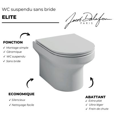 Pack WC suspendu sans bride Jacob Delafon  Elite abattant + Bâti support Grohe RapidSL + plaque chromé + Porte-rouleau chromé