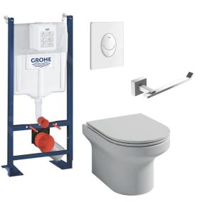 Pack WC suspendu sans bride JACOB DELAFON Elite + Bâti support GROHE RapidSL + plaque blanc + Porte-rouleau carré