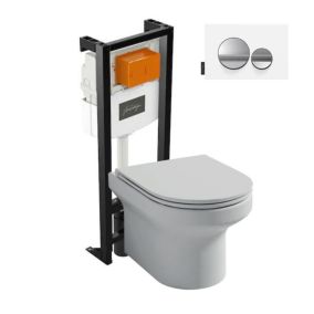 Pack WC suspendu sans bride  JACOB DELAFON Elite + bâti-support + plaque Chrome brillant/Blanc mat