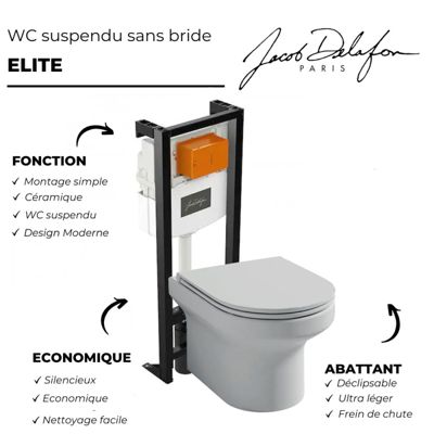 Pack WC suspendu sans bride  JACOB DELAFON Elite + bâti-support + plaque Noir brillant/Noir mat + accessoires