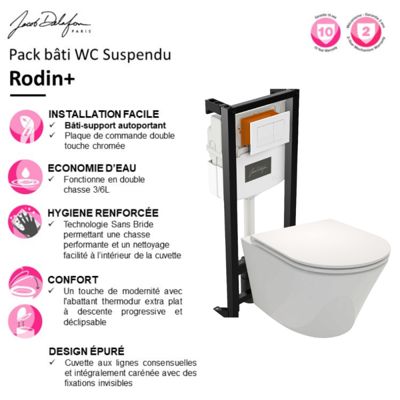 Pack WC suspendu sans bride JACOB DELAFON Rodin+ avec abattant + bâti support + plaque blanche