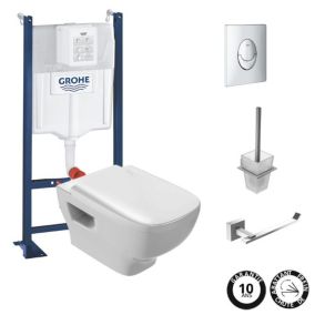 Pack WC suspendu sans bride JACOB DELAFON Struktura + Bati-support GROHE + plaque Start chrome + porte-balai + porte-rouleau carré