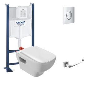 Pack WC suspendu sans bride JACOB DELAFON Struktura + Bati-support GROHE + plaque Start chrome + porte-rouleau carré