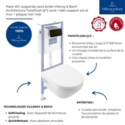 Pack WC suspendu sans bride Villeroy & Boch Architectura Twistflush e3 ...