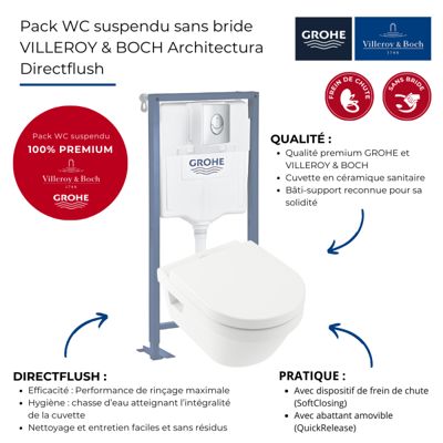 Pack WC suspendu sans bride VILLEROY ET BOCH Architectura + abattant + plaque chromée + bâti Grohe
