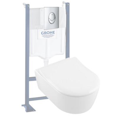 Pack WC suspendu sans bride VILLEROY ET BOCH Avento + abattant + plaque chromée + bâti Grohe