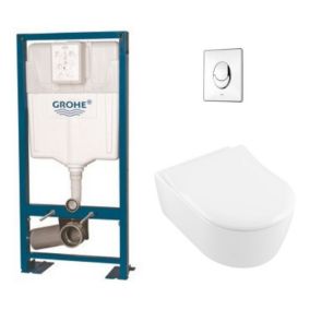 Pack WC suspendu sans bride VILLEROY ET BOCH Avento + abattant + plaque chromée + bâti Grohe