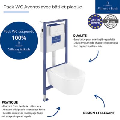 Pack WC suspendu sans bride VILLEROY ET BOCH Avento + Bâti support ViConnect Pro + abattant frein de chute + plaque blanche