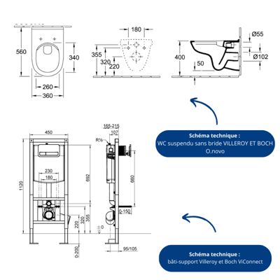 Pack WC suspendu sans bride VILLEROY ET BOCH O.novo + abattant + plaque ...