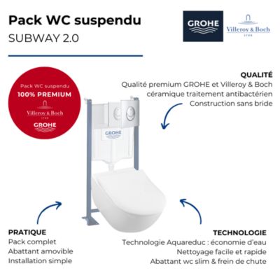 Pack WC suspendu sans bride VILLEROY ET BOCH Subway 2.0 + abattant + plaque blanche + bâti Grohe