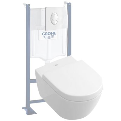 Pack WC suspendu sans bride VILLEROY ET BOCH Subway 2.0 blanc Alpin + abattant + plaque blanche + bâti Grohe