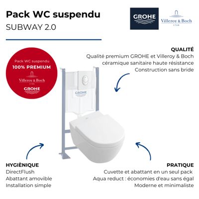 Pack WC suspendu sans bride VILLEROY ET BOCH Subway 2.0 blanc Alpin + abattant + plaque blanche + bâti Grohe