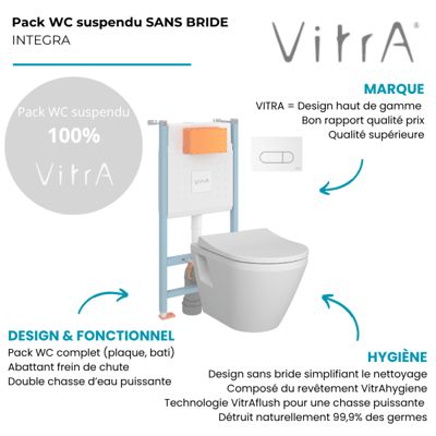 Pack WC suspendu VitrA Integra blanc + bâti mur porteur V-Fix Core + Plaque Round Blanche