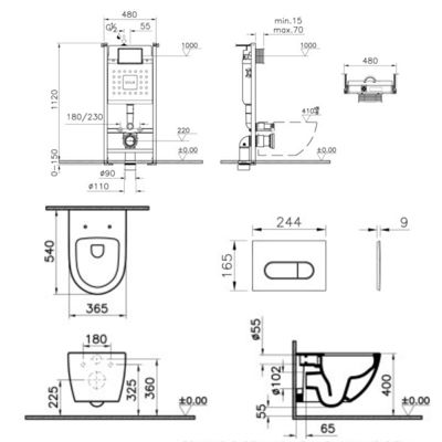 Pack WC suspendu VitrA Sento blanc + bâti autoportant V-Fix Core + Plaque Round Noir mat