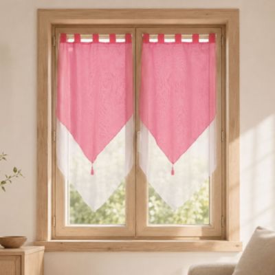 Paire de petits voilages bicolores à pompon (60x160 cm - Rose)