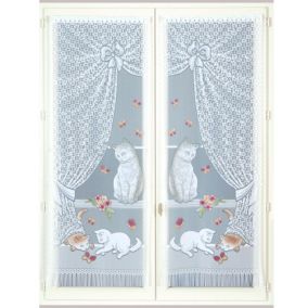 Paire de petits voilages dentelle chatons et franges (60x160 cm - Bleu)