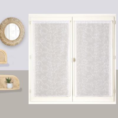 Paire de voilages brodés feuilles pour fenêtres, 60x90cm, blanc, prêts à poser.