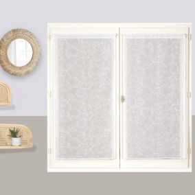 Paire de voilages brodés feuilles pour fenêtres, 60x90cm, blanc, prêts à poser.