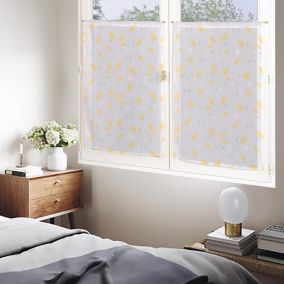 Paire de voilages imprimés feuilles en polyester 60x90cm, jaune, finition passe-tringle.